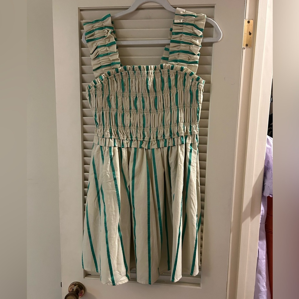 English Factory Cream and Teal Striped Mini Dress